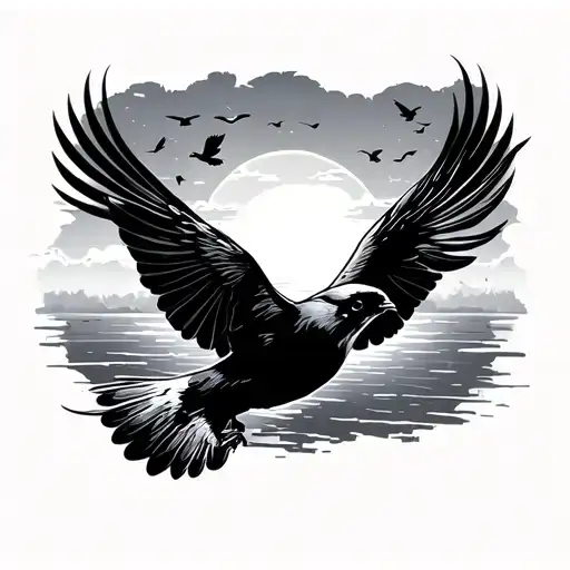 Sunset Sky With Birds Flying Away