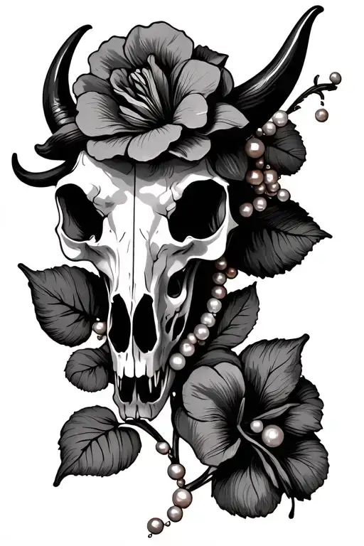 Bull Skull With Sweet Pea Flower And Pearls Feminine