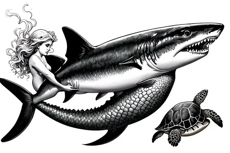 Mermaid Swimming With Shark And Sea Turtle