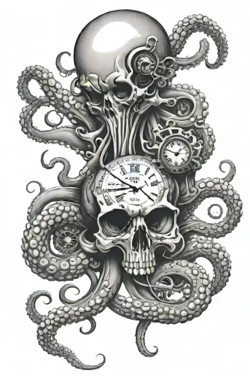 Octopus Intertwined With Mechanical Clock And Tentacle Through Skull