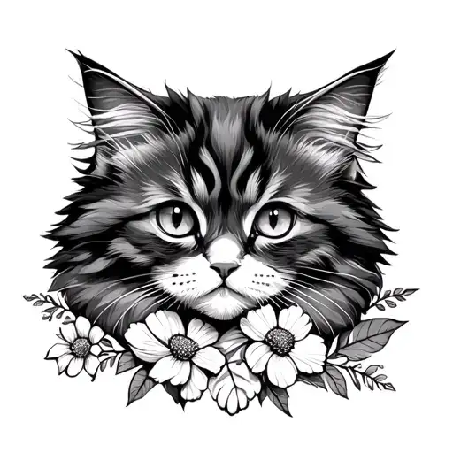 Fluffy Cat Outline With Flowers
