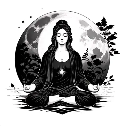 A Monge In Meditation With A Growing Moon Behind