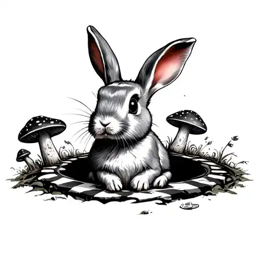 Wonderland Rabbit Falling Down Checkered Hole With Mushrooms And Clock