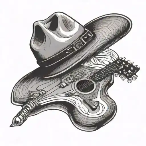 Acoustic Guitar With A Cowboy Hat Hanging On The Neck