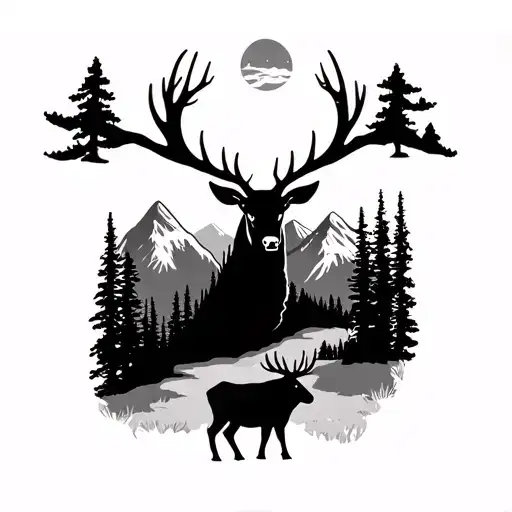 Silhouette Of Forest Landscape With Mountains In Background With Bull Elk At Base