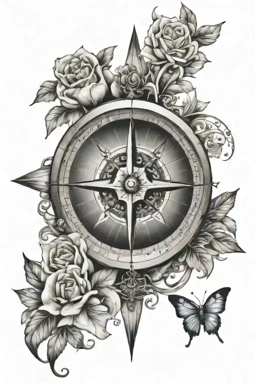 Compass With Space And Flowers Intertwined