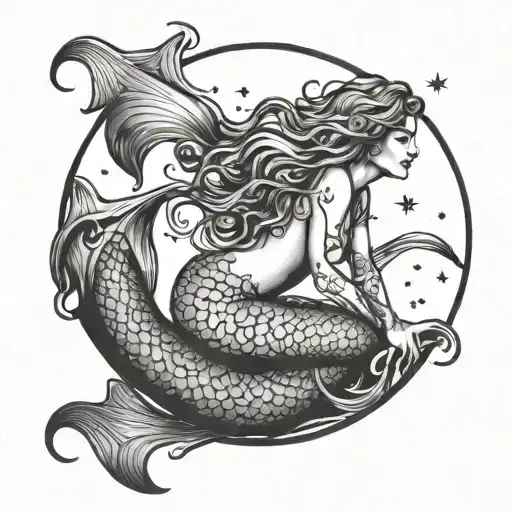Mermaid Sitting On Crescent Moon Scales Cascading Down As The Become Stars