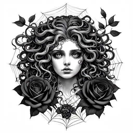 Realisitc Medusa Surrounded By Black Roses And Cobwebs