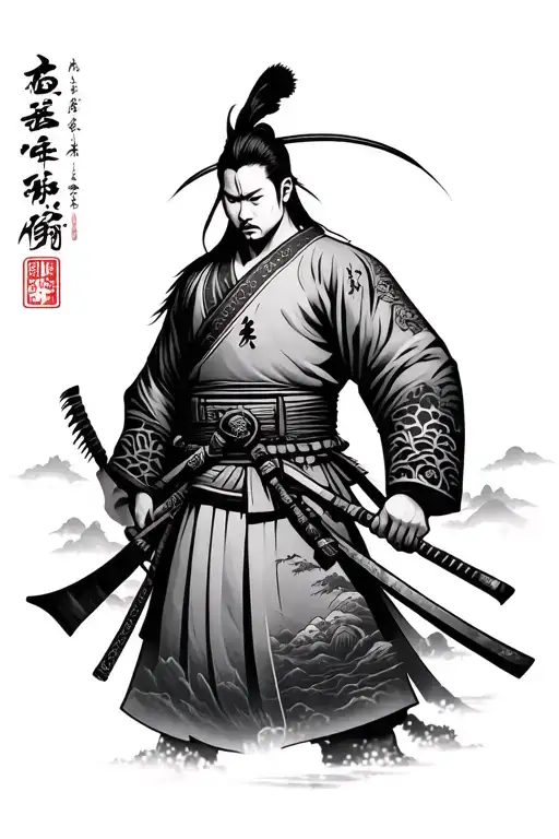 Japanese Warrior With Landscape Tattoo Featuring