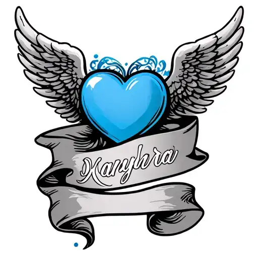 Blue Heart With Angel Wings And Name Banner Wrapped