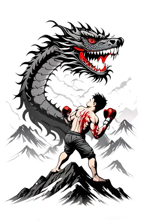A Young And Bloodied Kickboxer On A Mountain Looking Up At A Chinese Dragon