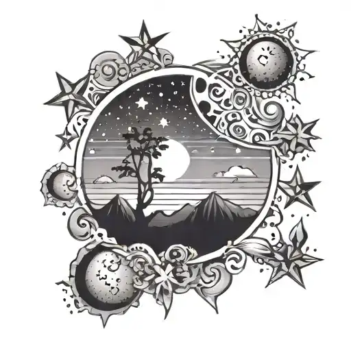 Sunset And Moon Surrounded By Stars