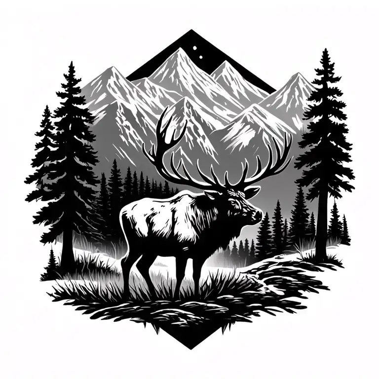 Silhouette Of Forest Landscape With Mountains In Background With Bull Elk At Base