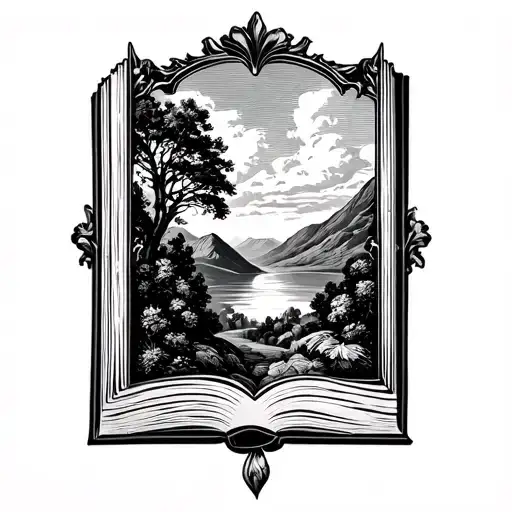 Country Hills Above Open Book With Baroque Simple Frame