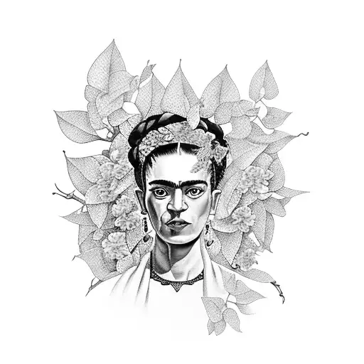 An Elegant Black-grey Portrait Of Frida Kahlo Holding A Fuchsia Bougainvillea