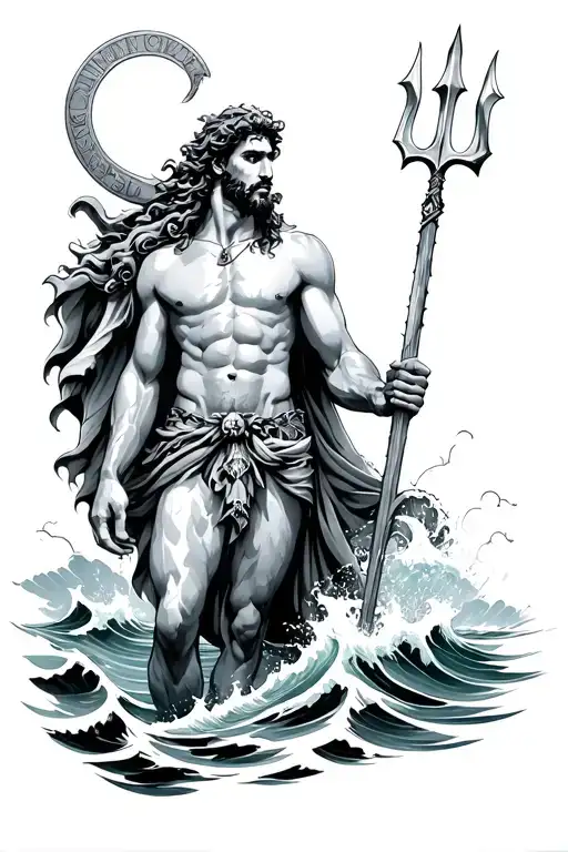 Poseidon Holding A Trident Half Out Of The Ocean