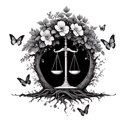 Justice Scales As A Tree With Flowers And Butterflies Simple