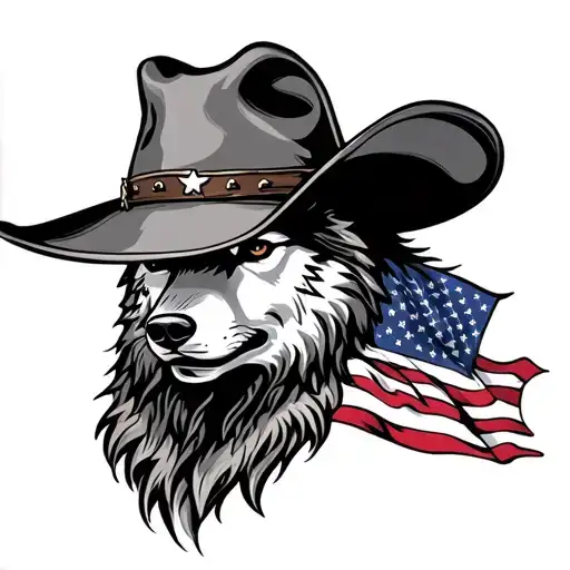 Outlaw Cowboy Hat Wolf Usa Flag Around Neck