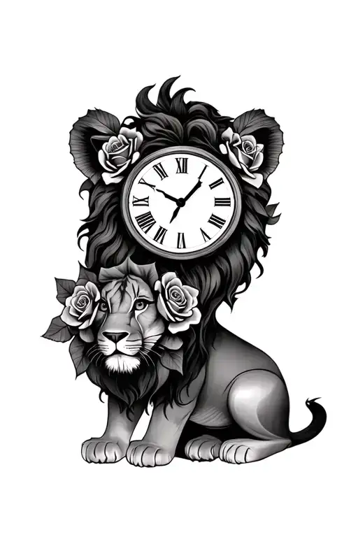 Lioncub Motherlion With Clock Roses Intertwined