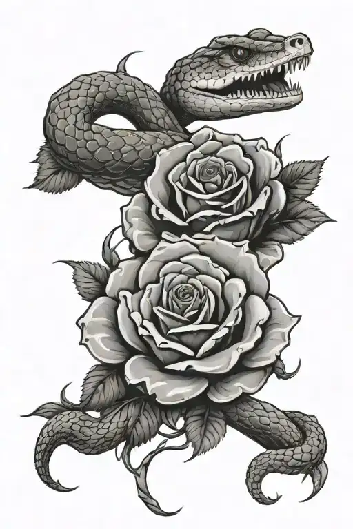 Snake With Open Mouth Around Rose With Thorns