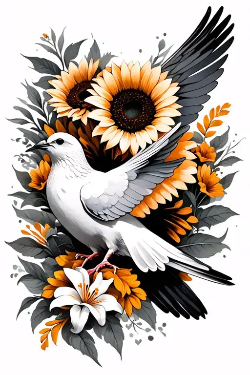 Dove With Sunflowers And Lillies