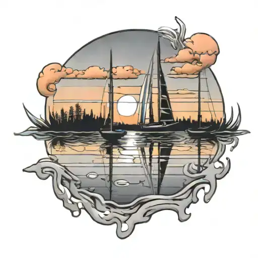 A Tranquil Pool Of Water Reflecting A Colorful Sunset With Sailboats Floating By