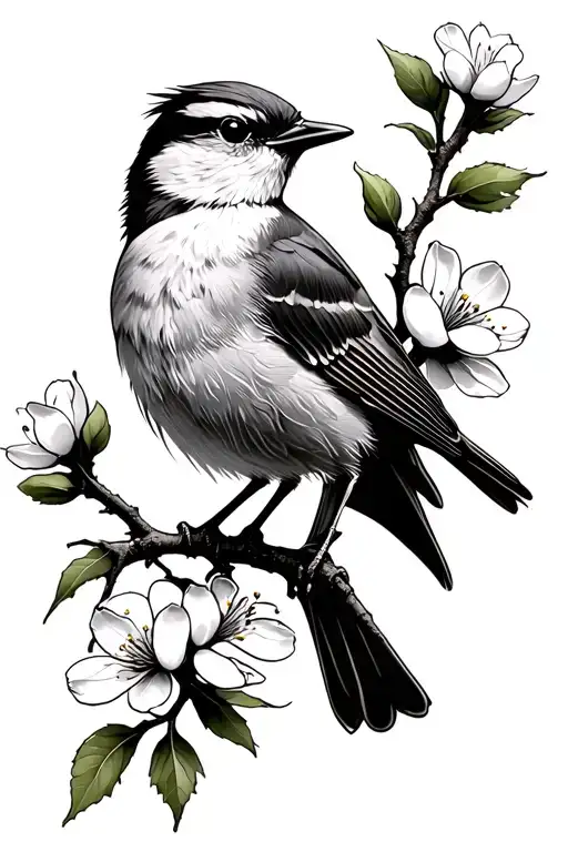 Shrike Bird On A Hawthorn Tree Branch With White Flowers