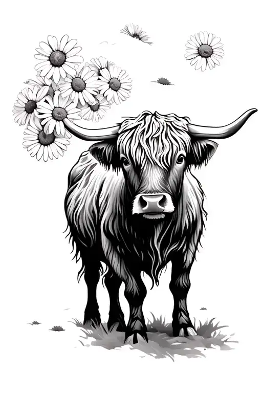 Highland Cow With Daisy Flowers