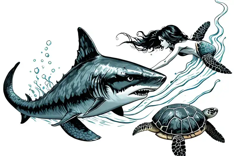 Mermaid Swimming With Shark And Sea Turtle