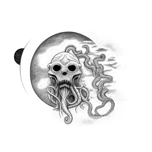 A Man On A Planet Watching A Moon Being Devoured By Cthulu