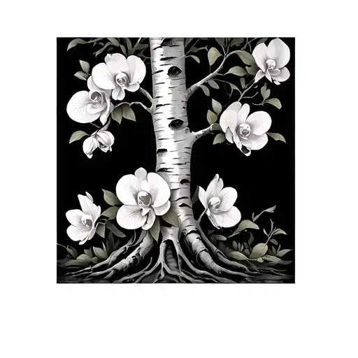 Birch Tree With Orchids And Peonies Growing On It