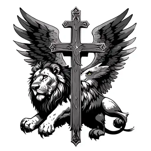 Cross With Eagle Wings And Lion