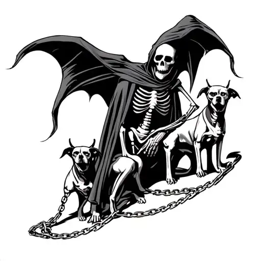 Skeleton Grim Reaper With Three Chained Devil Dogs Tattoo Stencil