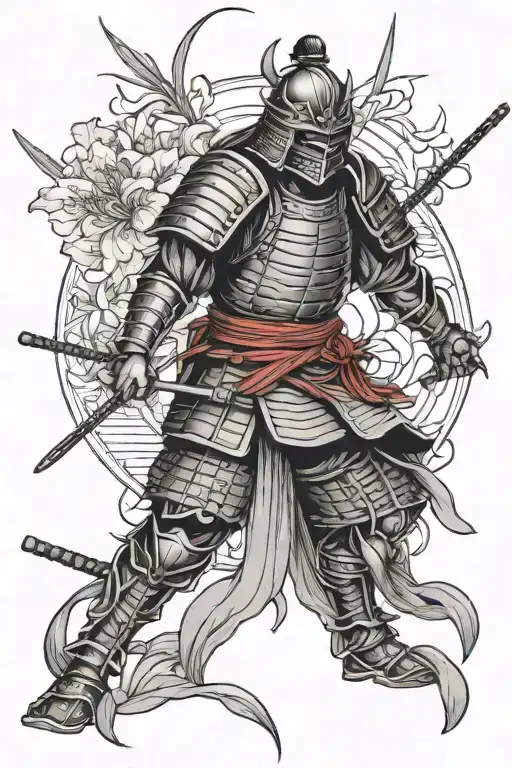 Side Standing Samurai Warrior With Helmet And Black Face Background Red Spider Lily