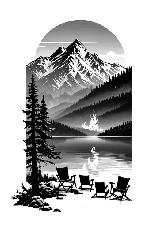 Mountain With Lake Trees Fire And 4 Chairs Far Away
