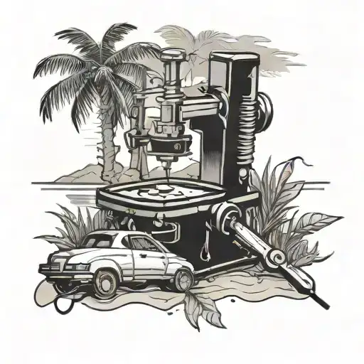 A Tattoo Featuring Cnc Maintenance Tools In A Natural Setting Like The Beach Or Woods