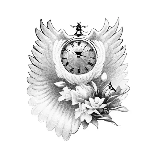 Angel Wing With Clock And Flowers