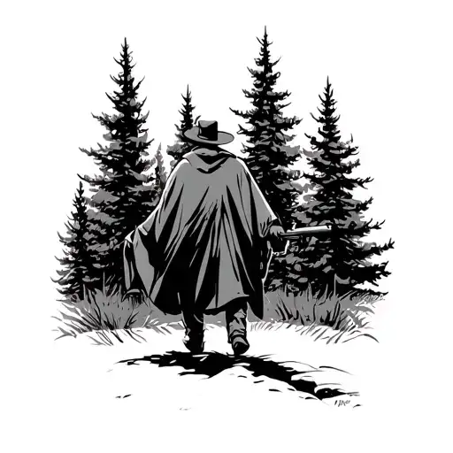 Gunslinger In Poncho Walking In Evergreen Forest