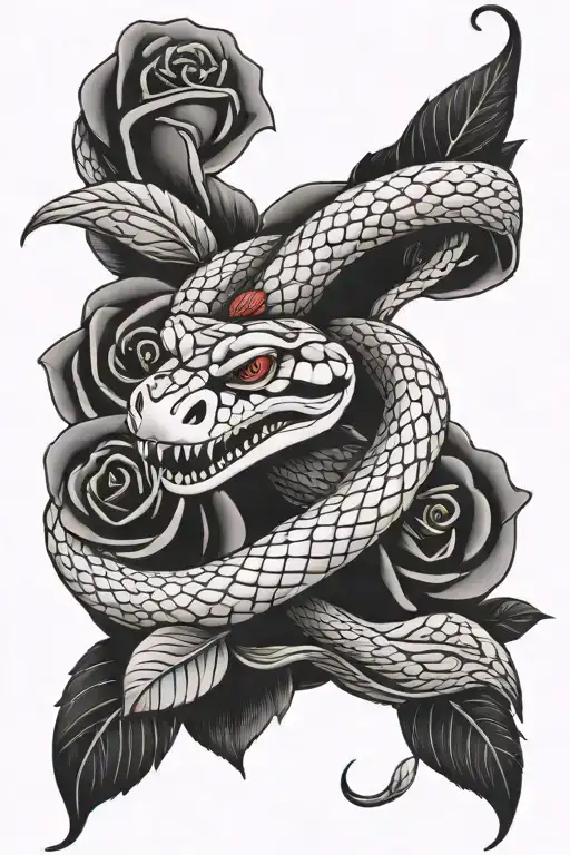 Snake With Open Mouth Around Rose With Thorns