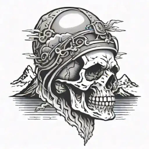 Skull With Mountains Coming Out The Top Of The Head