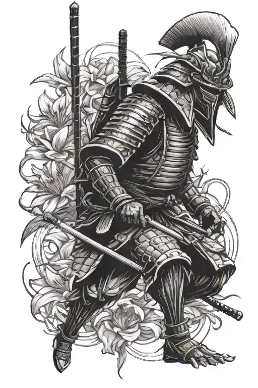 Side Standing Samurai Warrior With Helmet And Black Face Background Red Colored Spider Lily