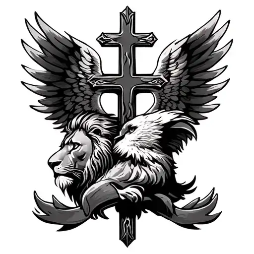 Cross With Eagle Wings And Lion Face