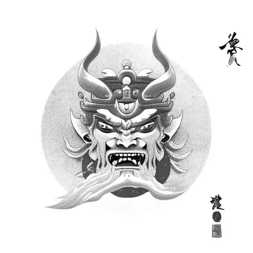 Japanese God Susanoo Face With Katana And Red Moon