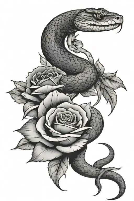 Snake With Open Mouth Around Rose With Thorns