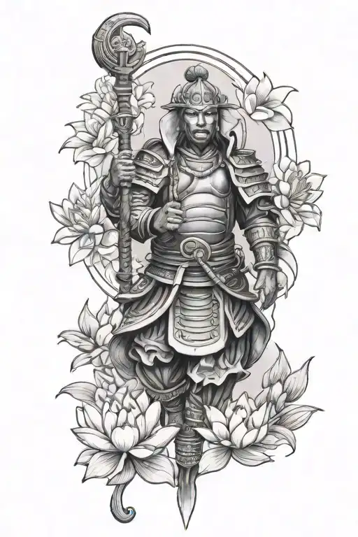 Forearm Tattoo Of Black Samurai With An Elephant And Lotus Flowers