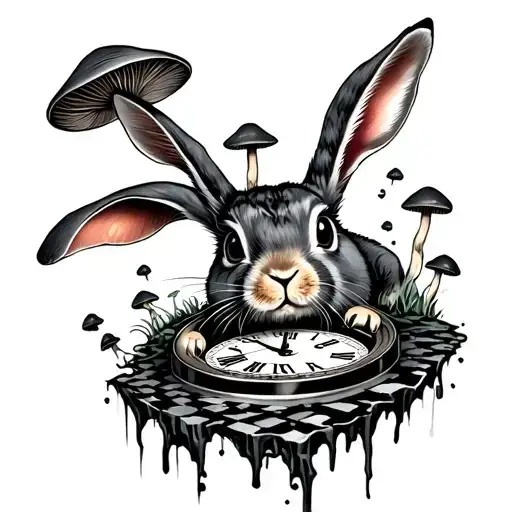 Evil Rabbit From Alice In Wonderland Falling Down Checkered Hole In Shape Of Clock With Mushrooms