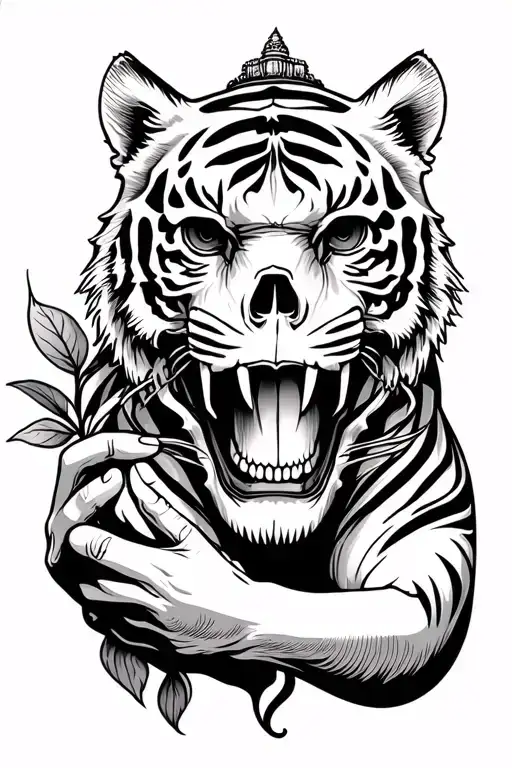 Bali Skull With Tiger Head Tattoo Holding