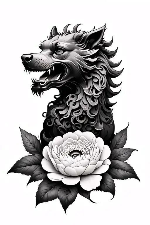 Foo Dog With Peony Flower Realism