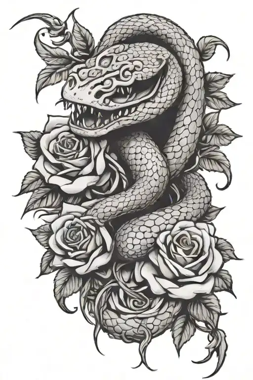 Snake With Open Mouth Around Rose With Thorns
