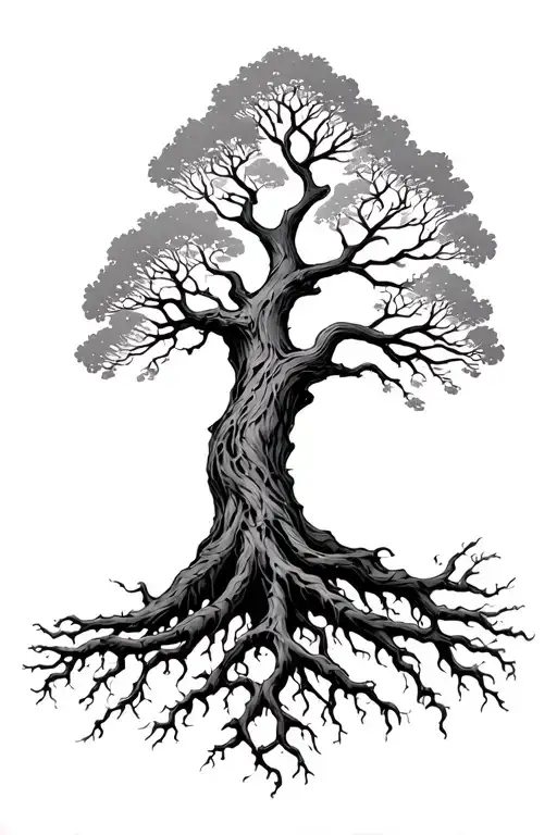 Yggdrasil Tree With Big Beautiful Branches And Interwoven Roots
